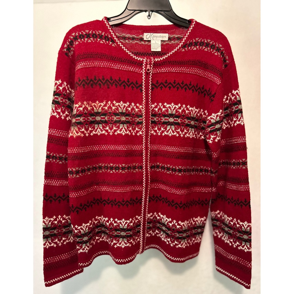 Dressbarn Red Fair Isle Nordic Zip Front Cardigan Sweater Womens Large Holiday